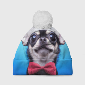 Шапка 3D c помпоном с принтом рождество в Екатеринбурге, 100% полиэстер | универсальный размер, печать по всей поверхности изделия | dog | happy new year | бантик | взгляд | глаза | новый год | пинчер | праздник | санта клаус | собака | той терьер