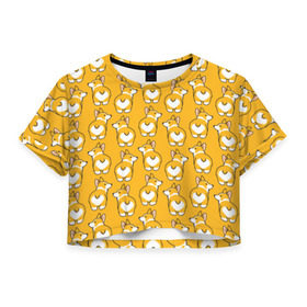 Женская футболка 3D укороченная с принтом Корги Паттерн в Екатеринбурге, 100% полиэстер | круглая горловина, длина футболки до линии талии, рукава с отворотами | Тематика изображения на принте: друг человека | мимими | оранжевый | пес | попка | собака