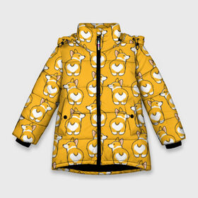 Зимняя куртка для девочек 3D с принтом Корги Паттерн в Екатеринбурге, ткань верха — 100% полиэстер; подклад — 100% полиэстер, утеплитель — 100% полиэстер. | длина ниже бедра, удлиненная спинка, воротник стойка и отстегивающийся капюшон. Есть боковые карманы с листочкой на кнопках, утяжки по низу изделия и внутренний карман на молнии. 

Предусмотрены светоотражающий принт на спинке, радужный светоотражающий элемент на пуллере молнии и на резинке для утяжки. | друг человека | мимими | оранжевый | пес | попка | собака