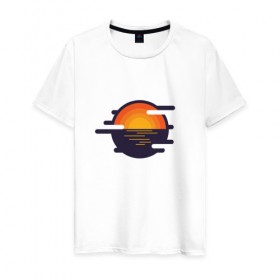 Мужская футболка хлопок с принтом Морской закат в Екатеринбурге, 100% хлопок | прямой крой, круглый вырез горловины, длина до линии бедер, слегка спущенное плечо. | волны | восход | геометрия | закат | минимализм | море | отражение | солнце