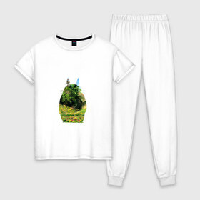 Женская пижама хлопок с принтом Тоторо в Екатеринбурге, 100% хлопок | брюки и футболка прямого кроя, без карманов, на брюках мягкая резинка на поясе и по низу штанин | art | hayao miyazaki | mei kusakabe | tonari no totoro | берлога | лапа | лес | мой сосед тоторо | хаяо миядзаки