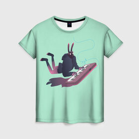 Женская футболка 3D с принтом Зайка пианист в Екатеринбурге, 100% полиэфир ( синтетическое хлопкоподобное полотно) | прямой крой, круглый вырез горловины, длина до линии бедер | арт | животные | заяц | клавиши | кролик | музыка | ноты | пианино | синтезатор | ушки