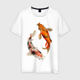Мужская футболка хлопок с принтом Инь-Ян в Екатеринбурге, 100% хлопок | прямой крой, круглый вырез горловины, длина до линии бедер, слегка спущенное плечо. | арт | вода | знаки | золото | инь ян | магия | рыбы | символы | сом