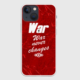 Чехол для iPhone 13 mini с принтом WAR NEVER CHANGES в Екатеринбурге,  |  | Тематика изображения на принте: 101 | 111 | 76 | atom cats | bethesda | brotherhood of steel | fallout | nuka cola | outcast | tunnel snakes | vault | war | братство стали | бункер | война | убежище | фолаут | фоллаут | ядеркола