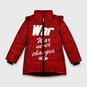Зимняя куртка для девочек 3D с принтом WAR NEVER CHANGES в Екатеринбурге, ткань верха — 100% полиэстер; подклад — 100% полиэстер, утеплитель — 100% полиэстер. | длина ниже бедра, удлиненная спинка, воротник стойка и отстегивающийся капюшон. Есть боковые карманы с листочкой на кнопках, утяжки по низу изделия и внутренний карман на молнии. 

Предусмотрены светоотражающий принт на спинке, радужный светоотражающий элемент на пуллере молнии и на резинке для утяжки. | 101 | 111 | 76 | atom cats | bethesda | brotherhood of steel | fallout | nuka cola | outcast | tunnel snakes | vault | war | братство стали | бункер | война | убежище | фолаут | фоллаут | ядеркола