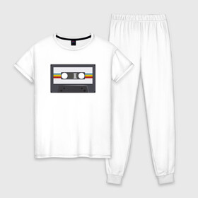 Женская пижама хлопок с принтом Компакт-кассета в Екатеринбурге, 100% хлопок | брюки и футболка прямого кроя, без карманов, на брюках мягкая резинка на поясе и по низу штанин | 90 е | арт | аудиокассета | дизайн | компакт кассета | магнитола | музыка | ретро