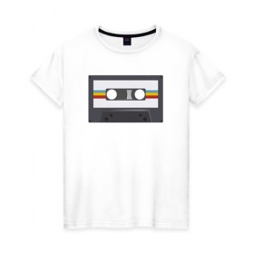 Женская футболка хлопок с принтом Компакт-кассета в Екатеринбурге, 100% хлопок | прямой крой, круглый вырез горловины, длина до линии бедер, слегка спущенное плечо | 90 е | арт | аудиокассета | дизайн | компакт кассета | магнитола | музыка | ретро