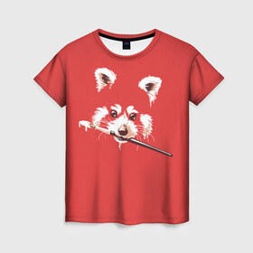 Женская футболка 3D с принтом Красная панда в Екатеринбурге, 100% полиэфир ( синтетическое хлопкоподобное полотно) | прямой крой, круглый вырез горловины, длина до линии бедер | енот | кисть | лиса | малая панда | художник