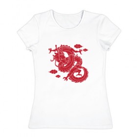 Женская футболка хлопок с принтом Красный дракон в Екатеринбурге, 100% хлопок | прямой крой, круглый вырез горловины, длина до линии бедер, слегка спущенное плечо | дракон | красный | подарок