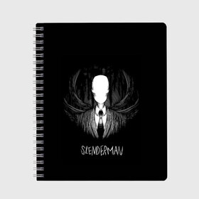 Тетрадь с принтом SLENDER MAN в Екатеринбурге, 100% бумага | 48 листов, плотность листов — 60 г/м2, плотность картонной обложки — 250 г/м2. Листы скреплены сбоку удобной пружинной спиралью. Уголки страниц и обложки скругленные. Цвет линий — светло-серый
 | Тематика изображения на принте: horror | slender | slender the arrival | slenderman | монстры | ночь | фантастика