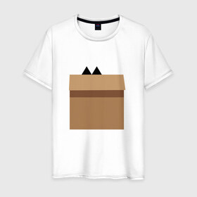 Мужская футболка хлопок с принтом Кот Шреденгера в Екатеринбурге, 100% хлопок | прямой крой, круглый вырез горловины, длина до линии бедер, слегка спущенное плечо. | геометрия | коробка | кот | кот в коробке | минимализм | тень | уши | шреденгер