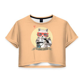 Женская футболка Cropp-top с принтом Енот и кофе в Екатеринбурге, 100% полиэстер | круглая горловина, длина футболки до линии талии, рукава с отворотами | coffee | food | love | racoon | енот | кофе