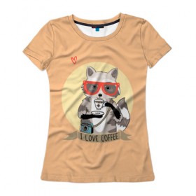 Женская футболка 3D с принтом Енот и кофе в Екатеринбурге, 100% полиэфир ( синтетическое хлопкоподобное полотно) | прямой крой, круглый вырез горловины, длина до линии бедер | coffee | food | love | racoon | енот | кофе