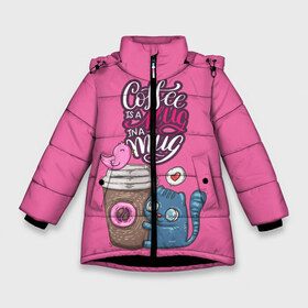 Зимняя куртка для девочек 3D с принтом Coffee is a hug в Екатеринбурге, ткань верха — 100% полиэстер; подклад — 100% полиэстер, утеплитель — 100% полиэстер. | длина ниже бедра, удлиненная спинка, воротник стойка и отстегивающийся капюшон. Есть боковые карманы с листочкой на кнопках, утяжки по низу изделия и внутренний карман на молнии. 

Предусмотрены светоотражающий принт на спинке, радужный светоотражающий элемент на пуллере молнии и на резинке для утяжки. | Тематика изображения на принте: cat | coffee | food | love | кот | птичка