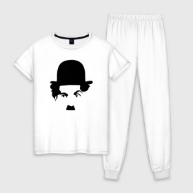 Женская пижама хлопок с принтом Чарли Чаплин в Екатеринбурге, 100% хлопок | брюки и футболка прямого кроя, без карманов, на брюках мягкая резинка на поясе и по низу штанин | глаза. котелок | знаменитость | известность | лицо | минимализм | портрет | чаплин | чарли