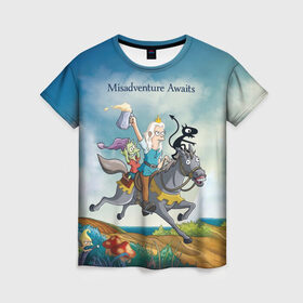 Женская футболка 3D с принтом Misadventure Awaits в Екатеринбурге, 100% полиэфир ( синтетическое хлопкоподобное полотно) | прямой крой, круглый вырез горловины, длина до линии бедер | disenchantment | elfo | мэтт гроунинг | разочарование | тролль | эльф | эльфо