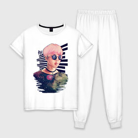 Женская пижама хлопок с принтом BTS RM в Екатеринбурге, 100% хлопок | брюки и футболка прямого кроя, без карманов, на брюках мягкая резинка на поясе и по низу штанин | k pop | rap monster. | rm | аниме | ким | корея | музыка
