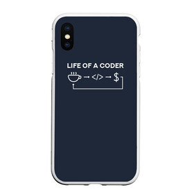 Чехол для iPhone XS Max матовый с принтом Life of a coder в Екатеринбурге, Силикон | Область печати: задняя сторона чехла, без боковых панелей | Тематика изображения на принте: coder | деньги | доллары | жизнь | код | кофе | программист | тыжпрограммист | цикл | язык