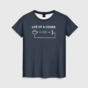 Женская футболка 3D с принтом Life of a coder в Екатеринбурге, 100% полиэфир ( синтетическое хлопкоподобное полотно) | прямой крой, круглый вырез горловины, длина до линии бедер | coder | деньги | доллары | жизнь | код | кофе | программист | тыжпрограммист | цикл | язык