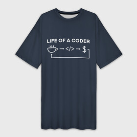Платье-футболка 3D с принтом Life of a coder в Екатеринбурге,  |  | coder | деньги | доллары | жизнь | код | кофе | программист | тыжпрограммист | цикл | язык