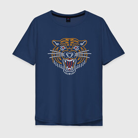 Мужская футболка хлопок Oversize с принтом Тигр в Екатеринбурге, 100% хлопок | свободный крой, круглый ворот, “спинка” длиннее передней части | line | голова | животное | линии | минимализм | тигр | хищник