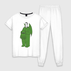 Женская пижама хлопок с принтом Лавкрафт в Екатеринбурге, 100% хлопок | брюки и футболка прямого кроя, без карманов, на брюках мягкая резинка на поясе и по низу штанин | cthulhu | cthulhu fhtagn | lovecraft | ктулху | лавкрафт