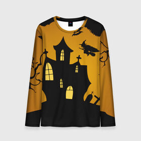 Мужской лонгслив 3D с принтом Страшный домик в Екатеринбурге, 100% полиэстер | длинные рукава, круглый вырез горловины, полуприлегающий силуэт | halloween | ведьма | замок | кладбище | кресты | луна | могилы | мышь | надгробья | ночь | призрак | страшно | хэллоуин