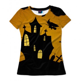 Женская футболка 3D с принтом Страшный домик в Екатеринбурге, 100% полиэфир ( синтетическое хлопкоподобное полотно) | прямой крой, круглый вырез горловины, длина до линии бедер | halloween | ведьма | замок | кладбище | кресты | луна | могилы | мышь | надгробья | ночь | призрак | страшно | хэллоуин