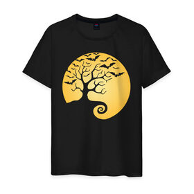 Мужская футболка хлопок с принтом Дерево на фоне луны в Екатеринбурге, 100% хлопок | прямой крой, круглый вырез горловины, длина до линии бедер, слегка спущенное плечо. | Тематика изображения на принте: halloween | дерево | луна | мыши | ночь | страшно | хэллоуин