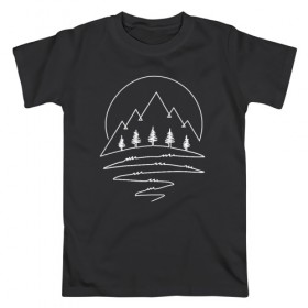 Мужская футболка хлопок с принтом Горный лес в Екатеринбурге, 100% хлопок | прямой крой, круглый вырез горловины, длина до линии бедер, слегка спущенное плечо. | one line | горы | лес | линия | минимализм | ночь. луна | скалы. вершины. деревья. ели
