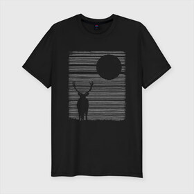 Мужская футболка хлопок Slim с принтом Силуэт оленя в Екатеринбурге, 92% хлопок, 8% лайкра | приталенный силуэт, круглый вырез ворота, длина до линии бедра, короткий рукав | линии. арт | минимализм. тренд | ночь. луна. темнота | олень | силуэт