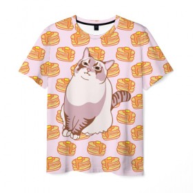 Мужская футболка 3D с принтом Блины в Екатеринбурге, 100% полиэфир | прямой крой, круглый вырез горловины, длина до линии бедер | cat | fat | internet | meme | pancakes | блины | интернет | кот | лупс | мем