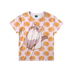 Детская футболка 3D с принтом Блины в Екатеринбурге, 100% гипоаллергенный полиэфир | прямой крой, круглый вырез горловины, длина до линии бедер, чуть спущенное плечо, ткань немного тянется | cat | fat | internet | meme | pancakes | блины | интернет | кот | лупс | мем