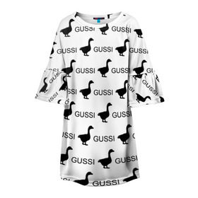 Детское платье 3D с принтом GUSSI в Екатеринбурге, 100% полиэстер | прямой силуэт, чуть расширенный к низу. Круглая горловина, на рукавах — воланы | Тематика изображения на принте: anti brend | gussi | trend | антибренд | гуси | мода | надписи | тренд