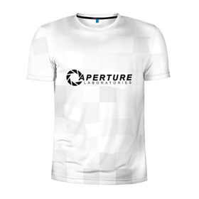 Мужская футболка 3D спортивная с принтом Aperture Labs в Екатеринбурге, 100% полиэстер с улучшенными характеристиками | приталенный силуэт, круглая горловина, широкие плечи, сужается к линии бедра | Тематика изображения на принте: лаборатория | портал