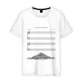 Мужская футболка хлопок с принтом Звук тишины в Екатеринбурге, 100% хлопок | прямой крой, круглый вырез горловины, длина до линии бедер, слегка спущенное плечо. | горка | звук | куча | мелодия | минимализм | ноты | страница | тетрадь | тишина