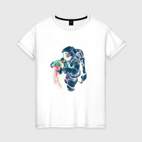 Женская футболка хлопок с принтом Космическая медуза в Екатеринбурге, 100% хлопок | прямой крой, круглый вырез горловины, длина до линии бедер, слегка спущенное плечо | астронавт | космонавт | космос | краски | медуза | невесомость | свет. отражение. тело | скафандр | фантастика | цвета | чудеса