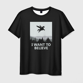 Мужская футболка 3D с принтом I Want to Believe в Екатеринбурге, 100% полиэфир | прямой крой, круглый вырез горловины, длина до линии бедер | magic | unicorn | верить | единорог | лес | магия