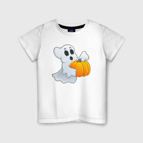 Детская футболка хлопок с принтом Привидение с тыквой в Екатеринбурге, 100% хлопок | круглый вырез горловины, полуприлегающий силуэт, длина до линии бедер | halloween | тыква | хэллоуин