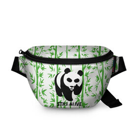 Поясная сумка 3D с принтом Still Alive в Екатеринбурге, 100% полиэстер | плотная ткань, ремень с регулируемой длиной, внутри несколько карманов для мелочей, основное отделение и карман с обратной стороны сумки застегиваются на молнию | alive | bamboo | green | greenpeace | panga | peace | still | бамбук | грин | гринпис | живая | живой | зеленый | мир | панда | панды | пис