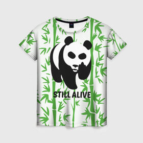 Женская футболка 3D с принтом Still Alive в Екатеринбурге, 100% полиэфир ( синтетическое хлопкоподобное полотно) | прямой крой, круглый вырез горловины, длина до линии бедер | alive | bamboo | green | greenpeace | panga | peace | still | бамбук | грин | гринпис | живая | живой | зеленый | мир | панда | панды | пис