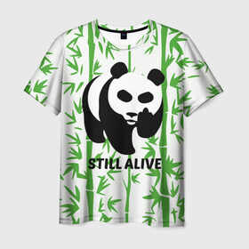 Мужская футболка 3D с принтом Still Alive в Екатеринбурге, 100% полиэфир | прямой крой, круглый вырез горловины, длина до линии бедер | Тематика изображения на принте: alive | bamboo | green | greenpeace | panga | peace | still | бамбук | грин | гринпис | живая | живой | зеленый | мир | панда | панды | пис