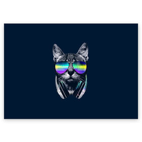 Поздравительная открытка с принтом Кот в Наушниках в Екатеринбурге, 100% бумага | плотность бумаги 280 г/м2, матовая, на обратной стороне линовка и место для марки
 | Тематика изображения на принте: cat | cats | head | headphones | kitten | kitty | music | диджей | кот | котенок | коты | котята | кошка | кошки | музыка | наушники | очки | слушает | усы