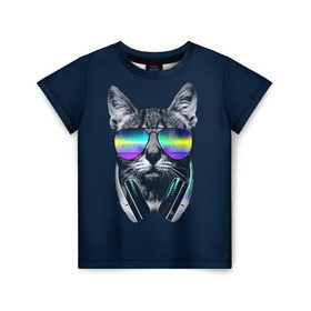 Детская футболка 3D с принтом Кот в Наушниках в Екатеринбурге, 100% гипоаллергенный полиэфир | прямой крой, круглый вырез горловины, длина до линии бедер, чуть спущенное плечо, ткань немного тянется | Тематика изображения на принте: cat | cats | head | headphones | kitten | kitty | music | диджей | кот | котенок | коты | котята | кошка | кошки | музыка | наушники | очки | слушает | усы
