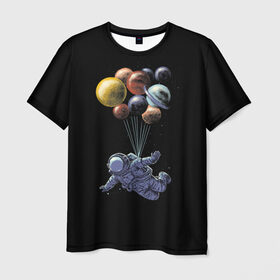 Мужская футболка 3D с принтом Космонавт на Шариках в Екатеринбурге, 100% полиэфир | прямой крой, круглый вырез горловины, длина до линии бедер | Тематика изображения на принте: galaxy | planet | planets | space | spaceman | star | stars | галактика | галактики | звезда | звезды | космонавт | космос | планета | планеты | шары