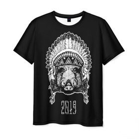 Мужская футболка 3D с принтом Кабан 2019 в Екатеринбурге, 100% полиэфир | прямой крой, круглый вырез горловины, длина до линии бедер | Тематика изображения на принте: верховный | вождь | год | голова | дикий | животные | индеец | ирокез | к | кабан | клыки | круто | лидер | лучший | мода | молодёжная | новый год | подарок | поздравление | поросенок | праздник | рисунок