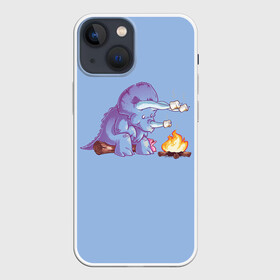 Чехол для iPhone 13 mini с принтом Трицератопс у Костра в Екатеринбурге,  |  | dino | dinosaur | fire | flame | park | world | динозавр | динозавры | костер | мир | огонь | парк | периода | трицератопс | трицератопсы | юрского