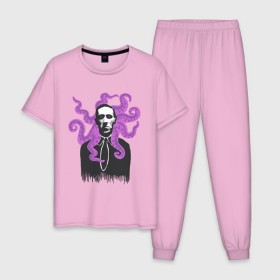 Мужская пижама хлопок с принтом Лавкрафт в Екатеринбурге, 100% хлопок | брюки и футболка прямого кроя, без карманов, на брюках мягкая резинка на поясе и по низу штанин
 | cthulhu | cthulhu fhtagn | lovecraft | ктулху