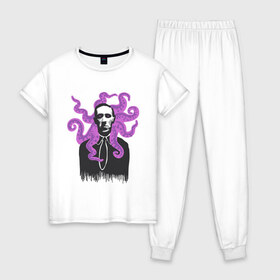 Женская пижама хлопок с принтом Лавкрафт в Екатеринбурге, 100% хлопок | брюки и футболка прямого кроя, без карманов, на брюках мягкая резинка на поясе и по низу штанин | cthulhu | cthulhu fhtagn | lovecraft | ктулху