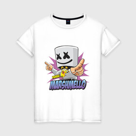 Женская футболка хлопок с принтом Marshmello в Екатеринбурге, 100% хлопок | прямой крой, круглый вырез горловины, длина до линии бедер, слегка спущенное плечо | dj | marshmello | marshmelo | в маске | диджей | клубная | клубняк | маршмелло | маршмеллоу | маршмело | маршмэллоу | музыка | электронная